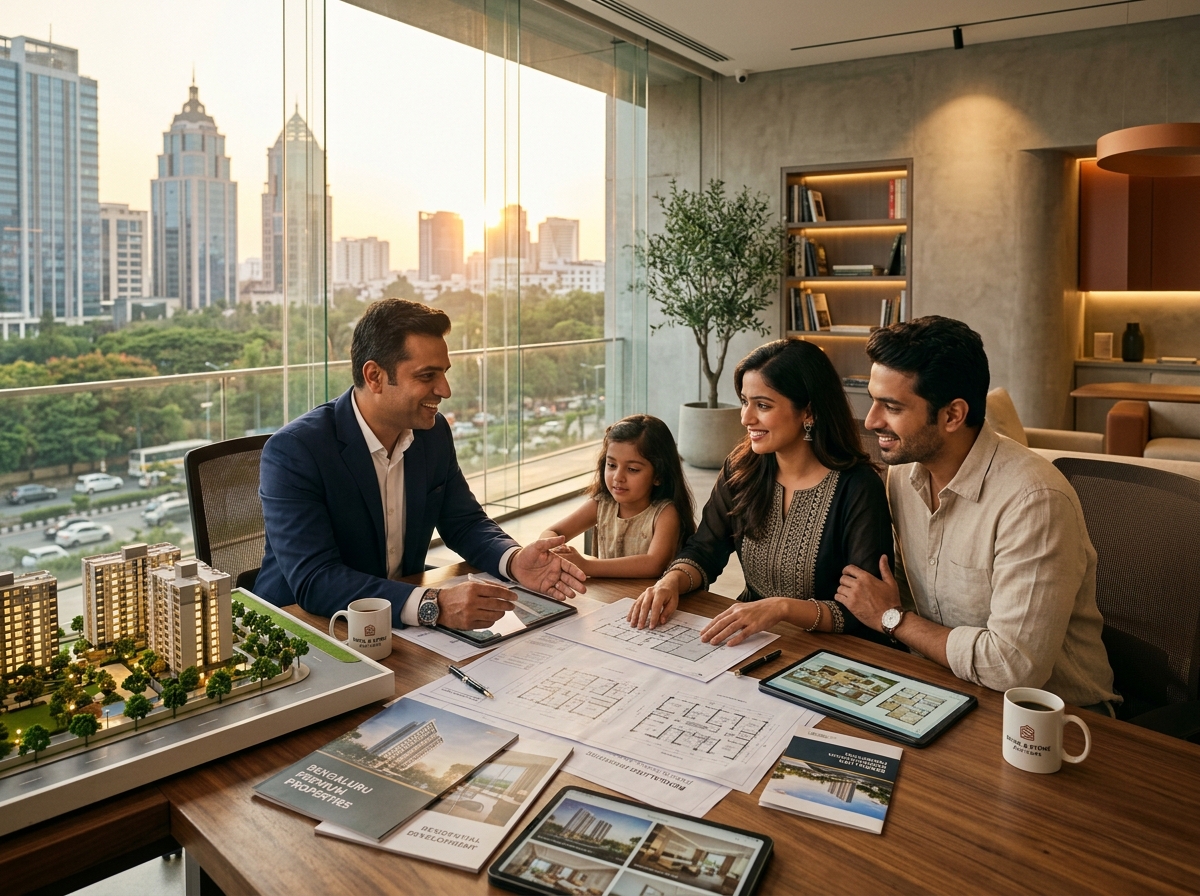 RightAddress property advisor guiding a family in Bengaluru with architectural comparisons and plans